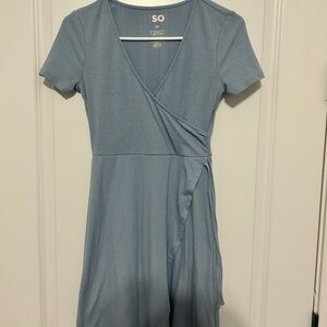 SO Light Blue Ribbed Wrap Mini Dress